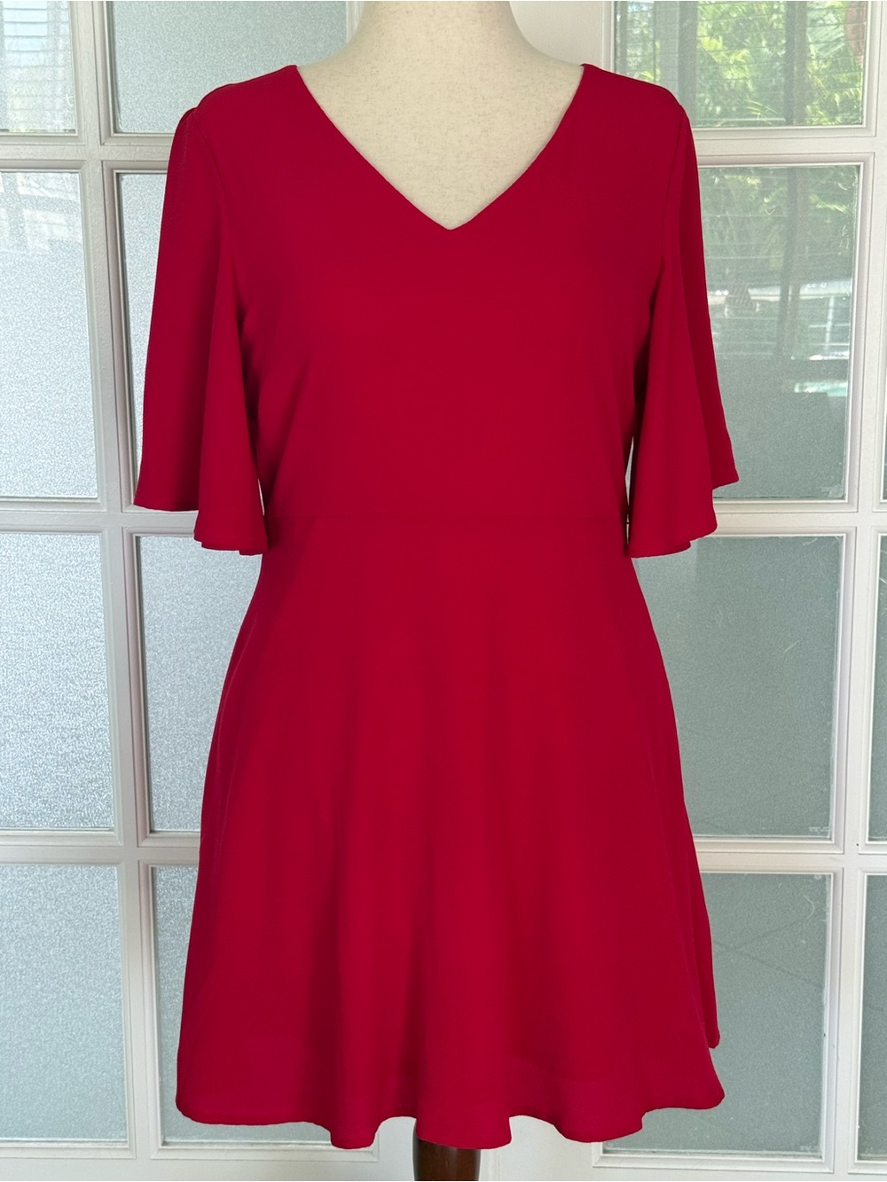 Red V-Neck A-Line Dress with Flutter Sleeves